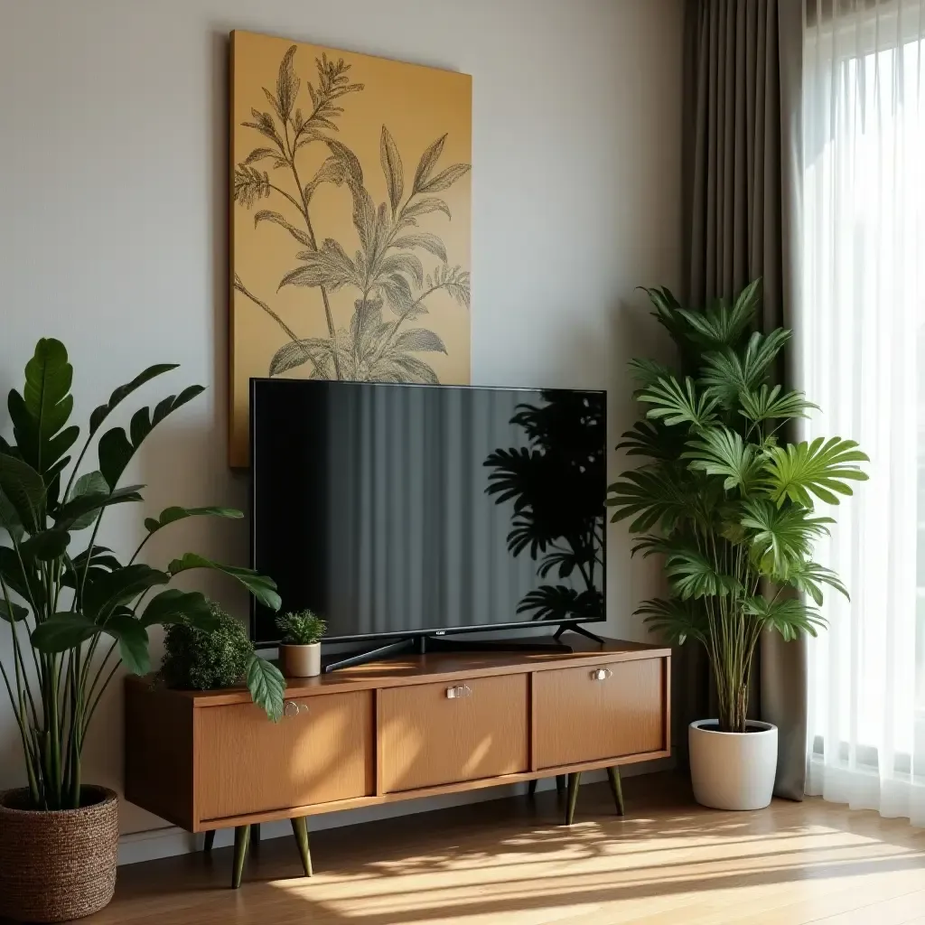 a photo of a corner TV with a decorative screen and lush indoor plants