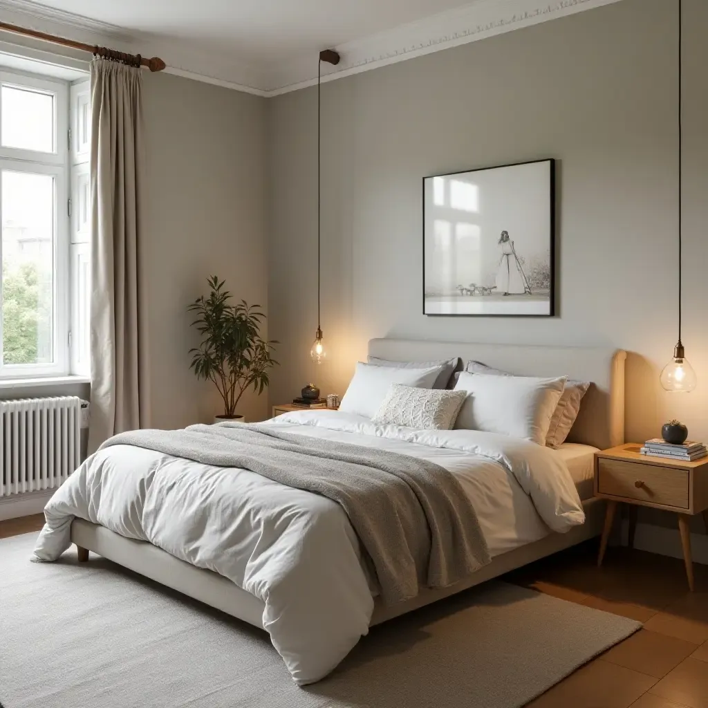 a photo of a modern bedroom with a touch of vintage charm in decor