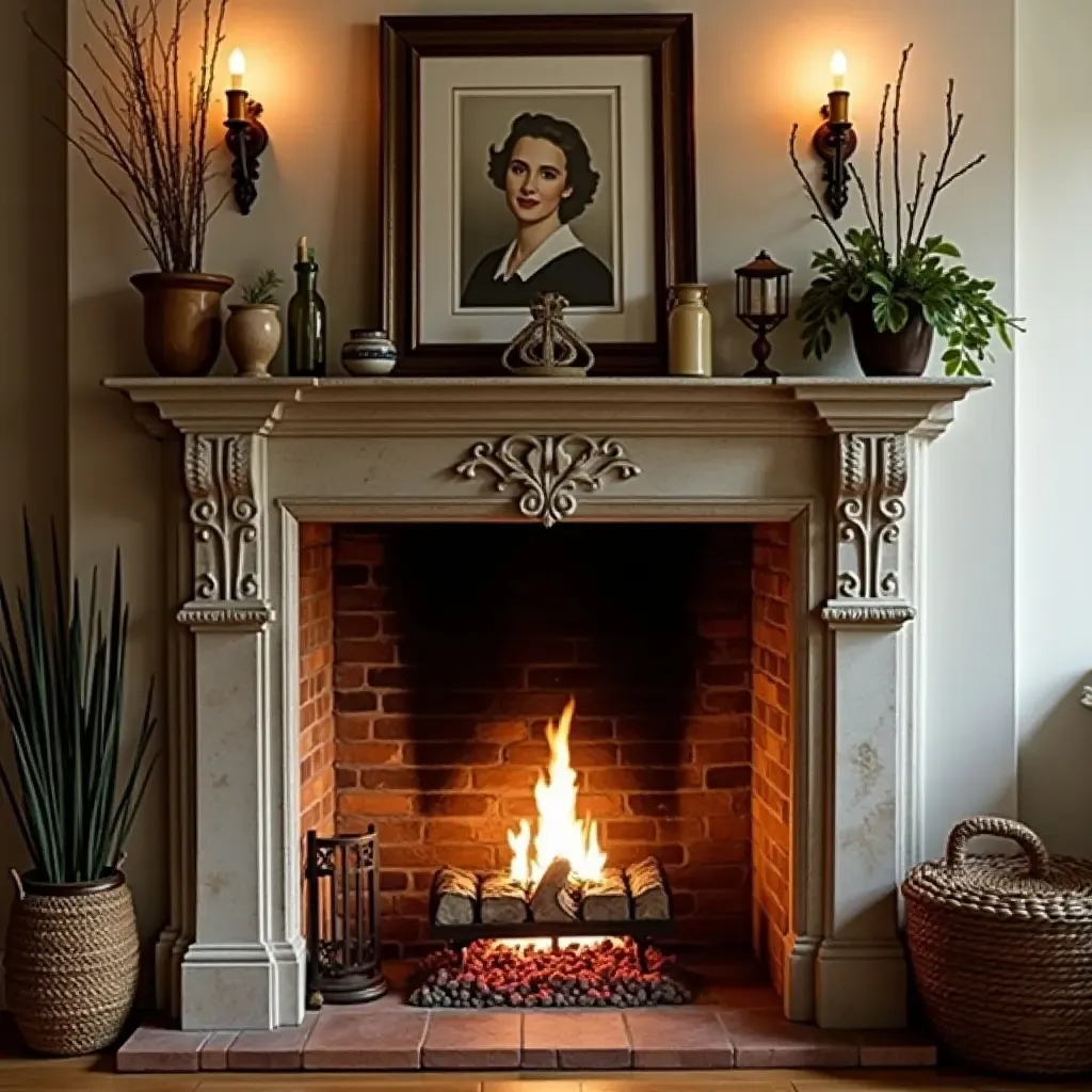 a photo of a cozy fireplace adorned with vintage decor