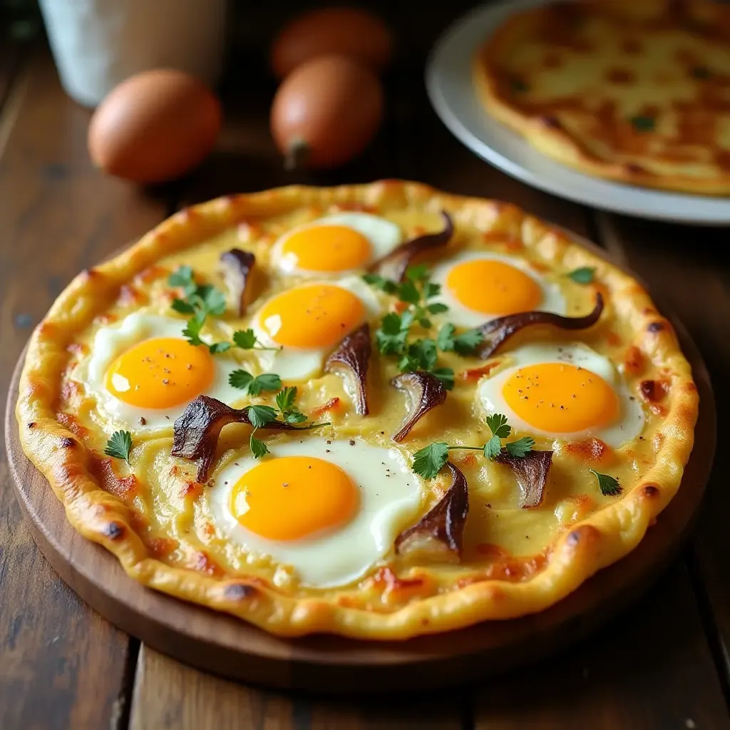 a photo of a traditional Spanish tortilla with eggs, potatoes, and onions on a rustic table.