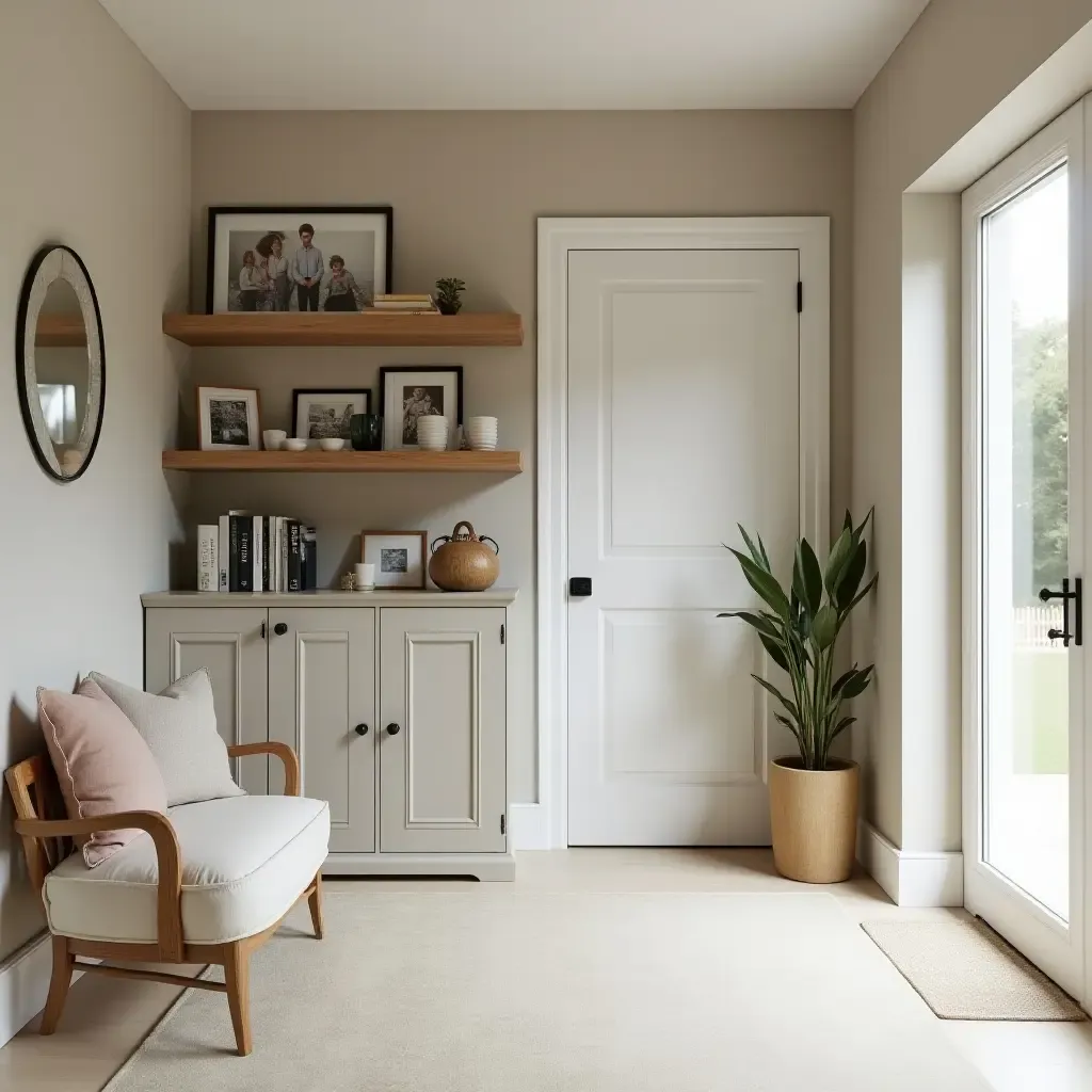 a photo of a welcoming entrance hall with shelving that showcases family photos