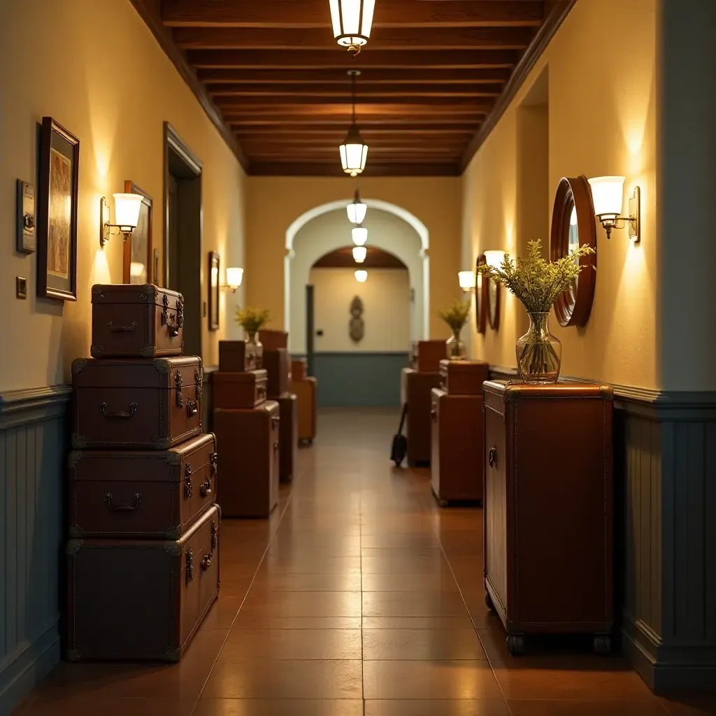 a photo of a corridor decorated with vintage suitcases