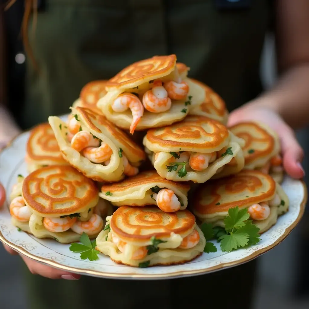 a photo of crispy banh xeo pancakes filled with shrimp and herbs on a street vendor&#x27;s cart.