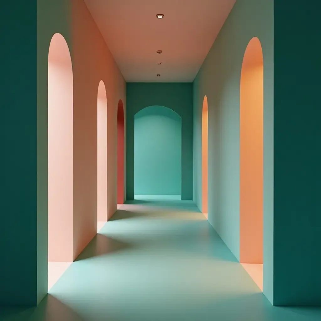 a photo of a deep teal and light peach corridor