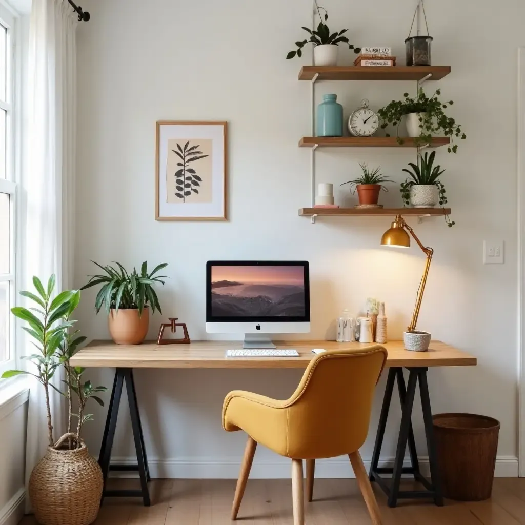 a photo of a simple workspace with bohemian-inspired decor elements