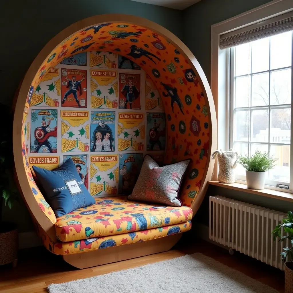 a photo of a superhero-themed reading nook with comic book decor