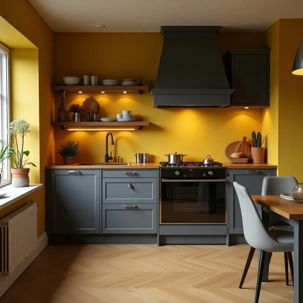 a photo of a warm mustard yellow and dark gray kitchen with cozy elements