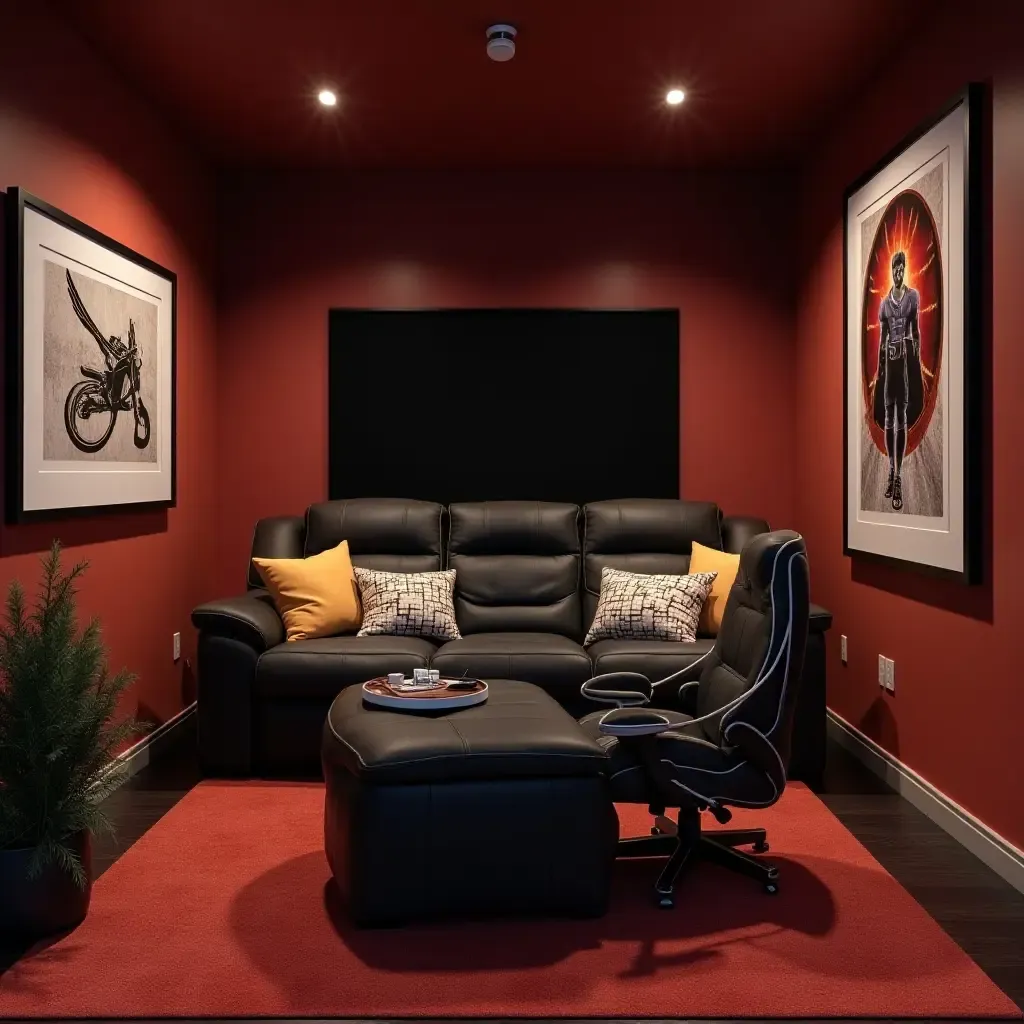 a photo of a basement game room with sporty throw pillows on a gaming chair