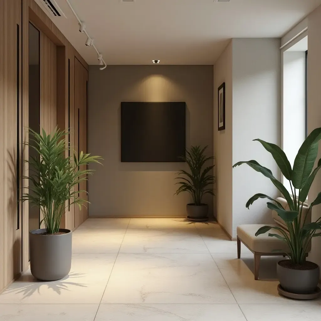 a photo of a minimalist basement design with a few statement plants