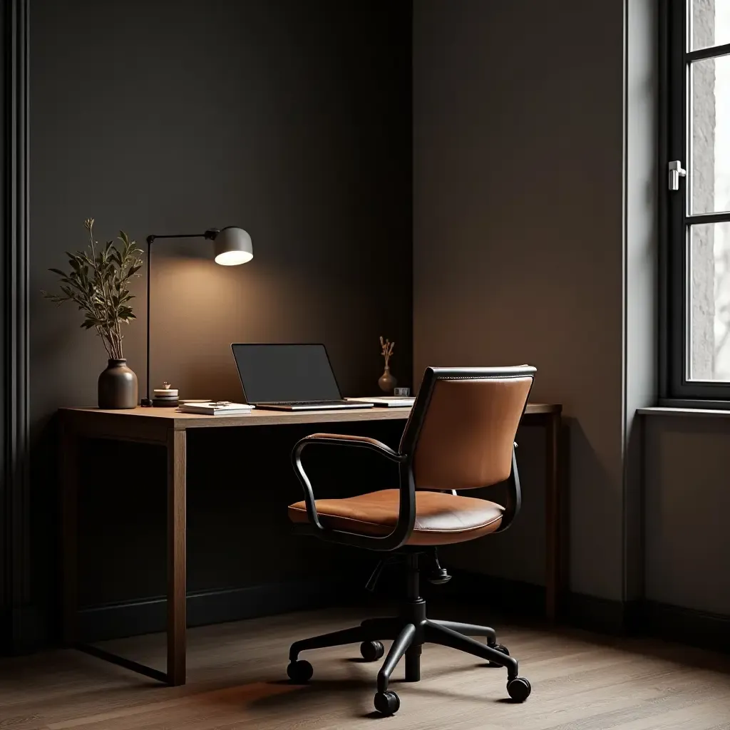 a photo of a masculine workspace with a dark wooden desk and leather chair