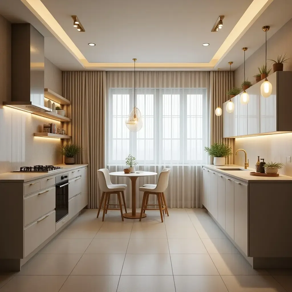 a photo of a kitchen featuring elegant curtains and sophisticated lighting