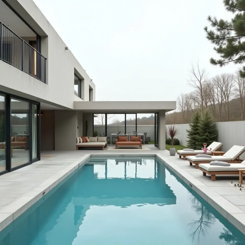 a photo of a stylish Scandinavian poolside with sleek lines and neutral colors