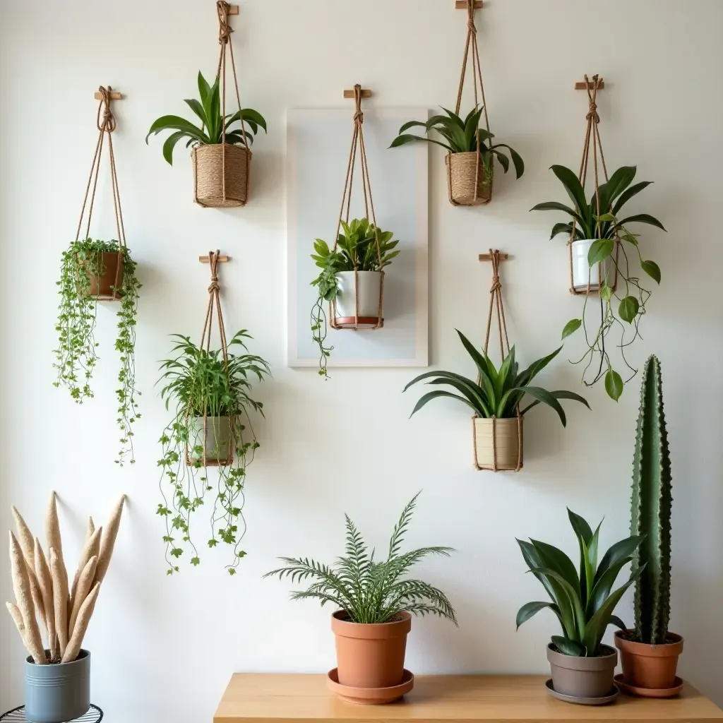 a photo of a wall decorated with hanging plants and art