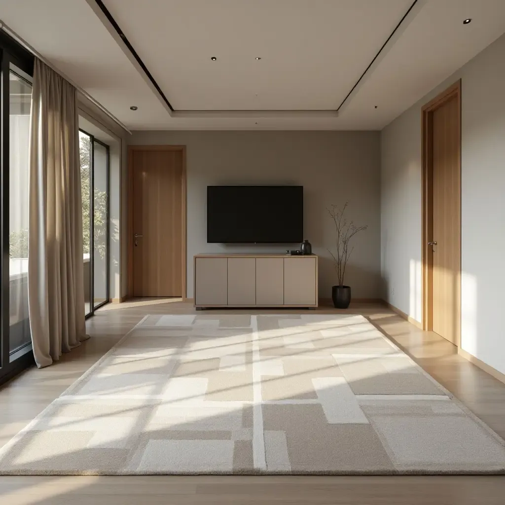 a photo of a sleek, modern geometric rug in a minimalist basement