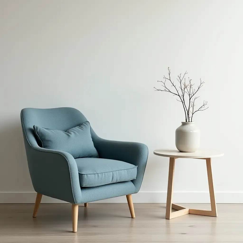 a photo of a cream and blue accent chair paired with a sleek side table