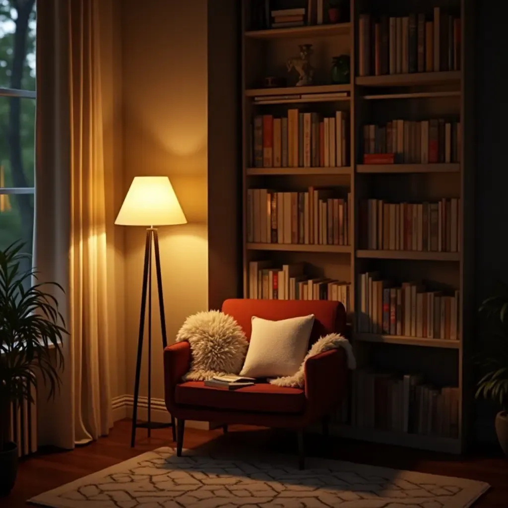 a photo of a cozy reading corner with a floor lamp and bookshelf