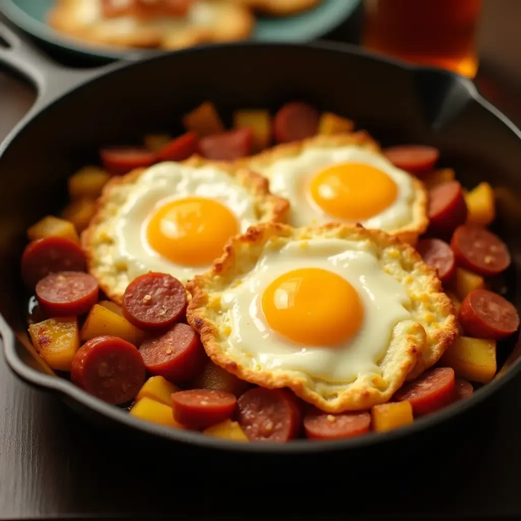 a photo of huevos rotos, fried eggs over potatoes and chorizo, in a cast-iron skillet.