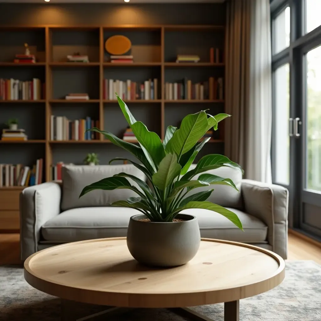 a photo of a library with a coffee table plant centerpiece