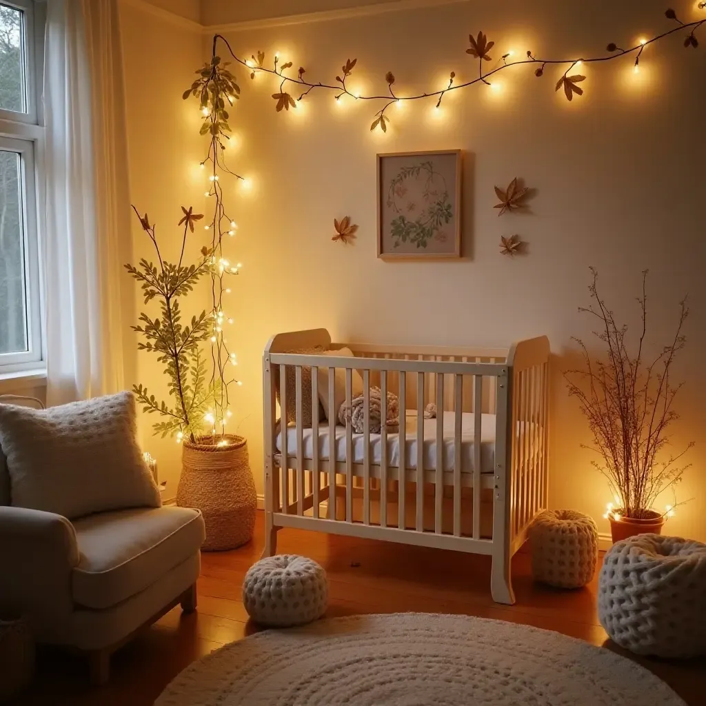 a photo of a nursery adorned with fairy lights and natural elements