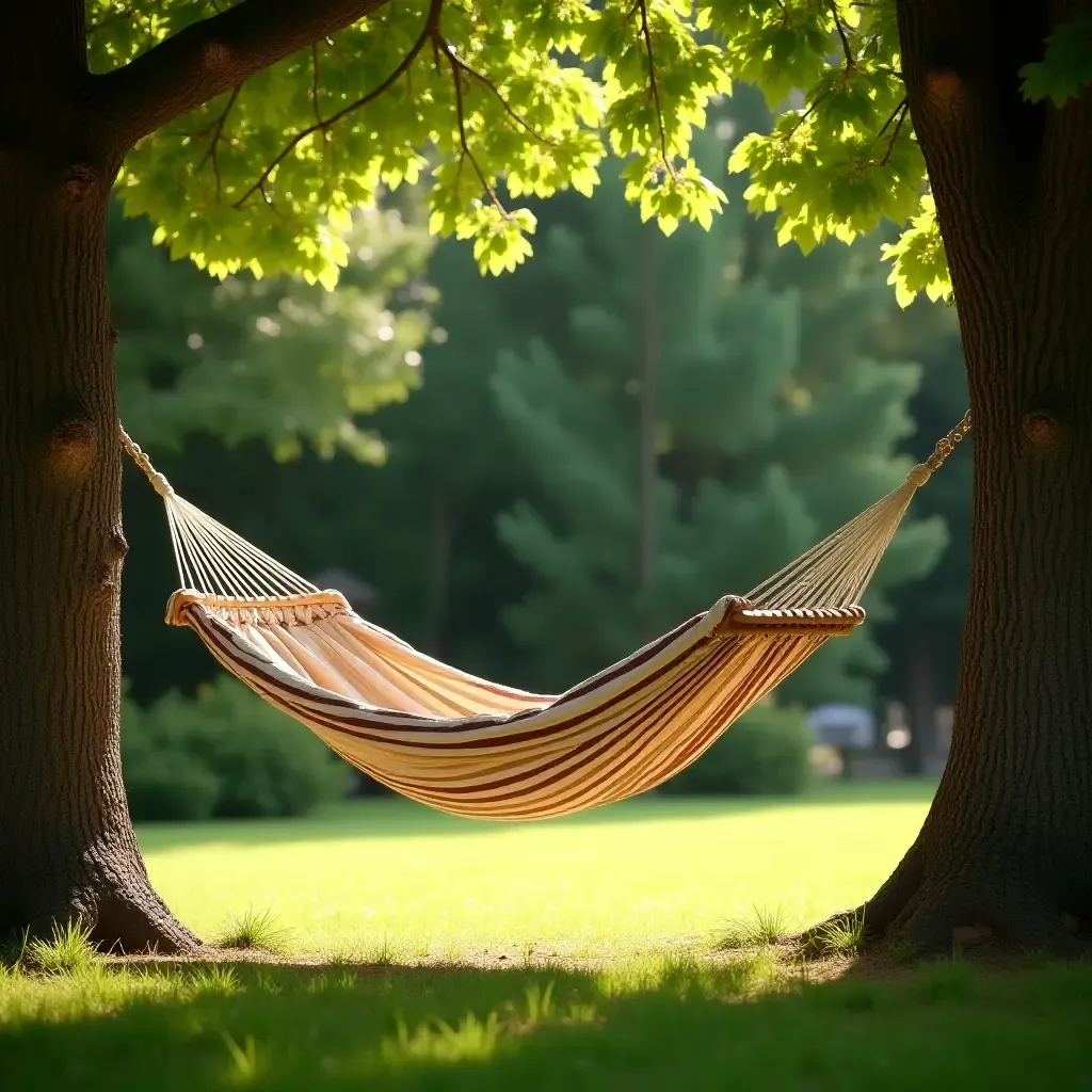 a photo of a hammock strung between two trees in a serene garden setting