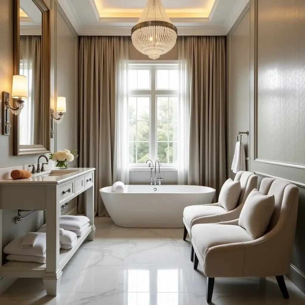 a photo of a glamorous bathroom with crystal accents and plush seating