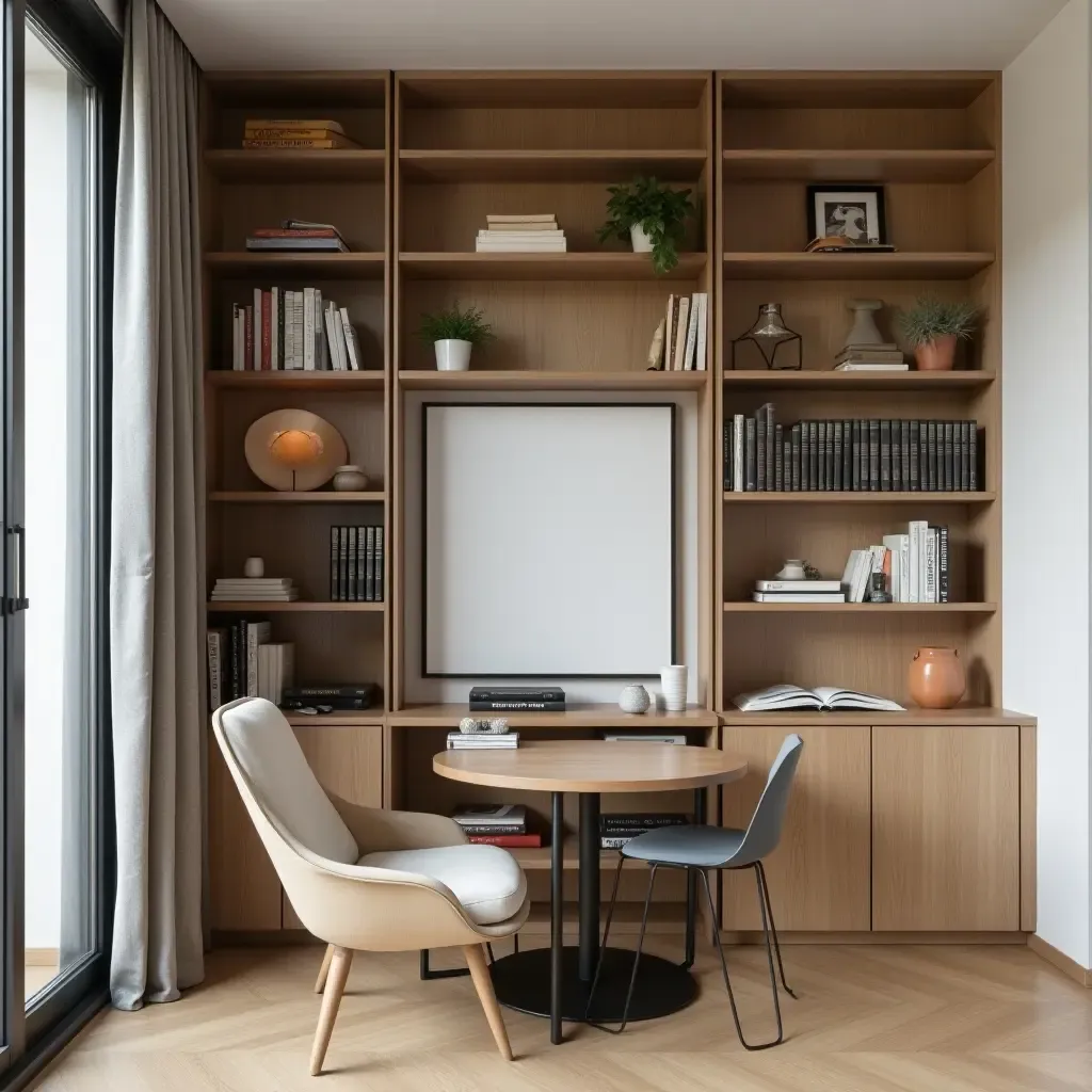 a photo of a small apartment library with wall-mounted shelves