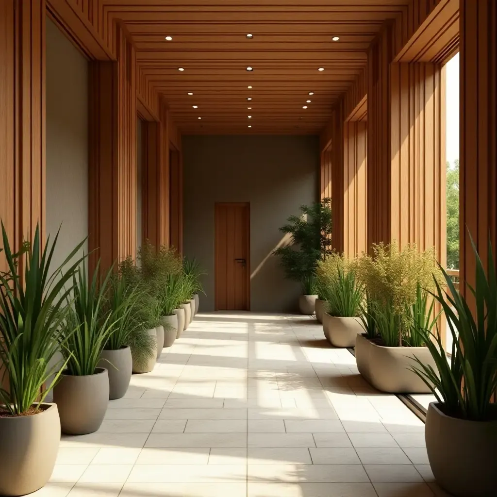 a photo of a corridor with wooden partitions and plants