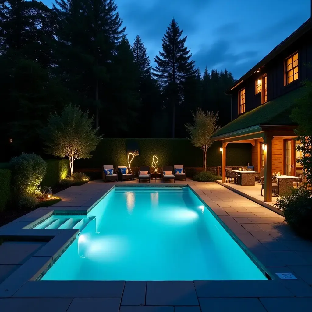 a photo of a small pool area with creative lighting for comfort