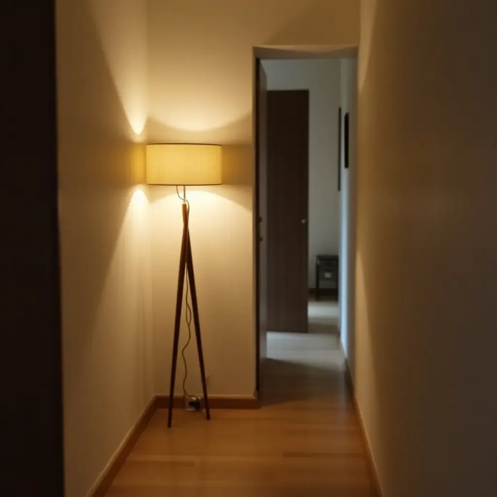 a photo of a mid-century modern lamp illuminating a hallway