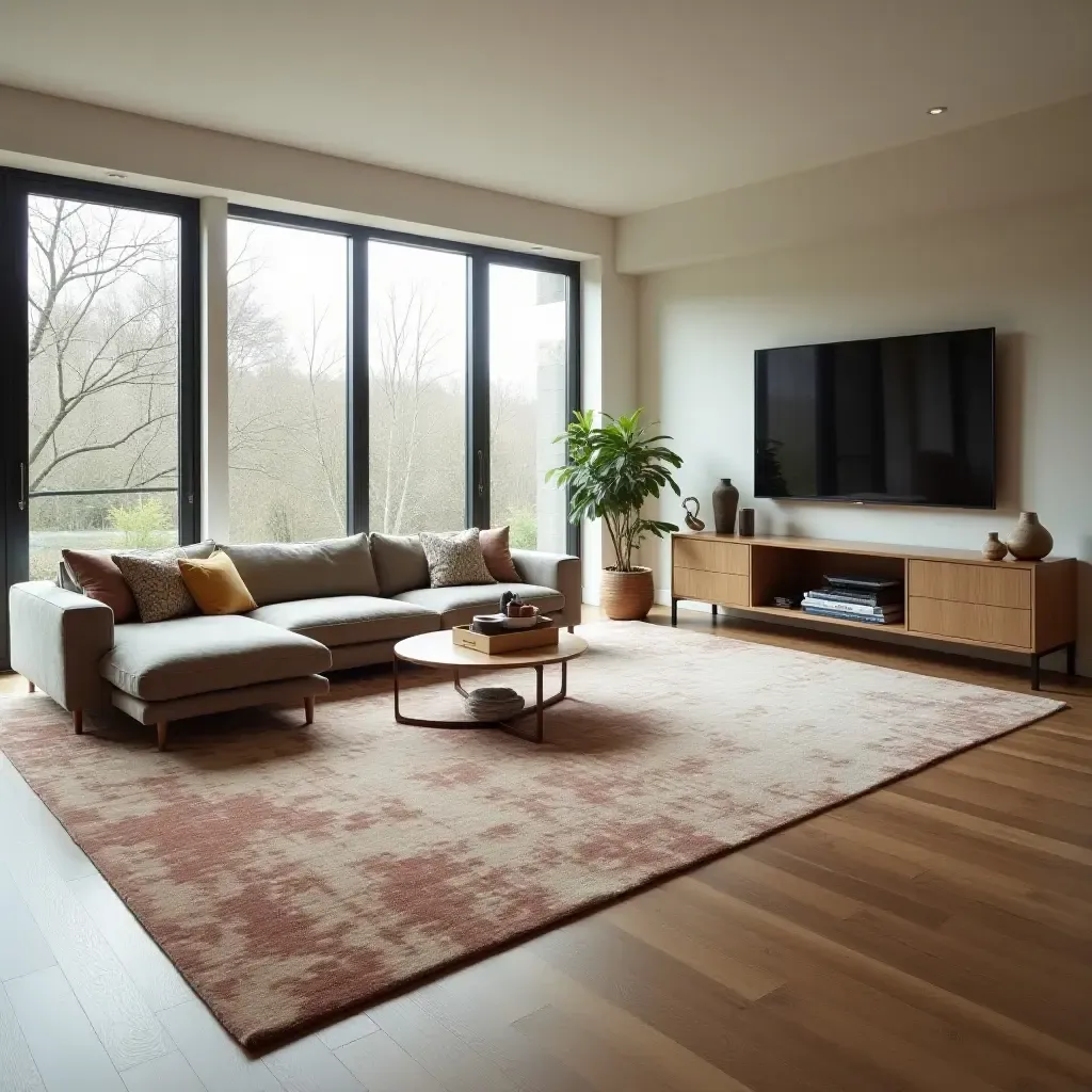 a photo of an oversized area rug that anchors a spacious lounge