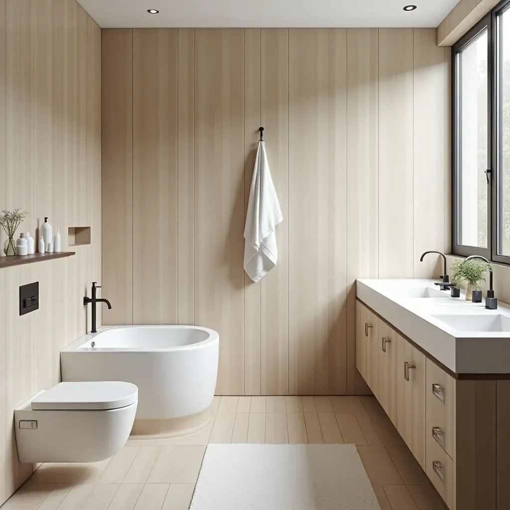 a photo of a Scandinavian bathroom with light wood tiles and neutral colors