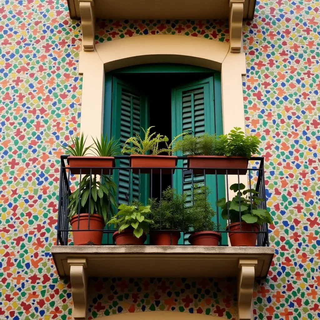 a photo of a balcony adorned with colorful mosaic tiles and hanging plants