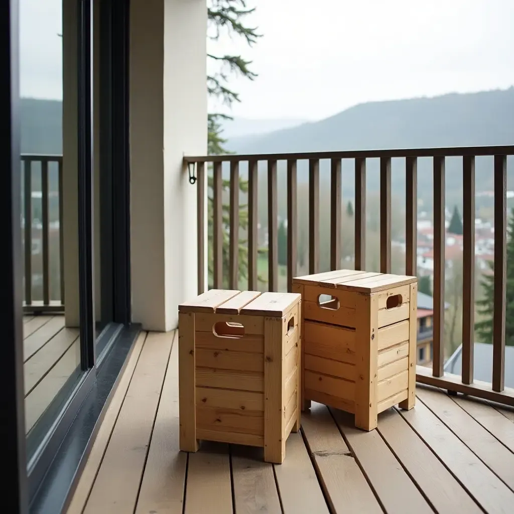 a photo of a balcony with wooden crates used as side tables