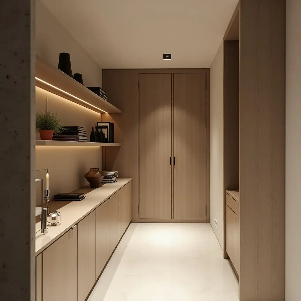 a photo of a narrow corridor with elegant floating shelves