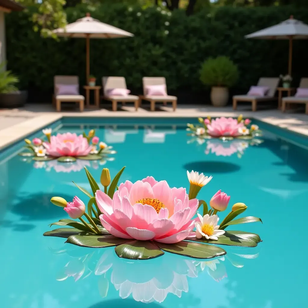 a photo of a pool area with whimsical floating flower arrangements