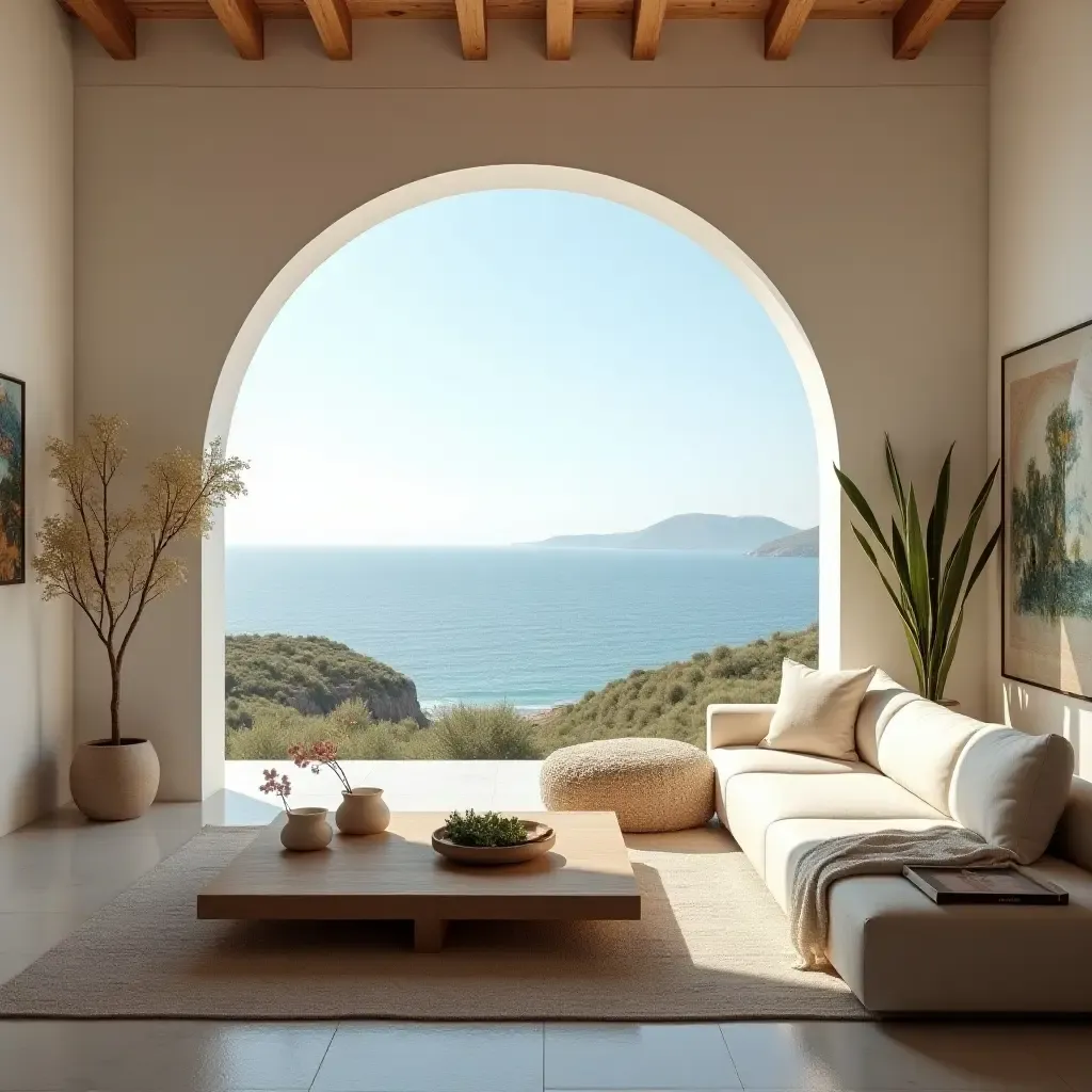 a photo of a Mediterranean-style living room with a view of the sea