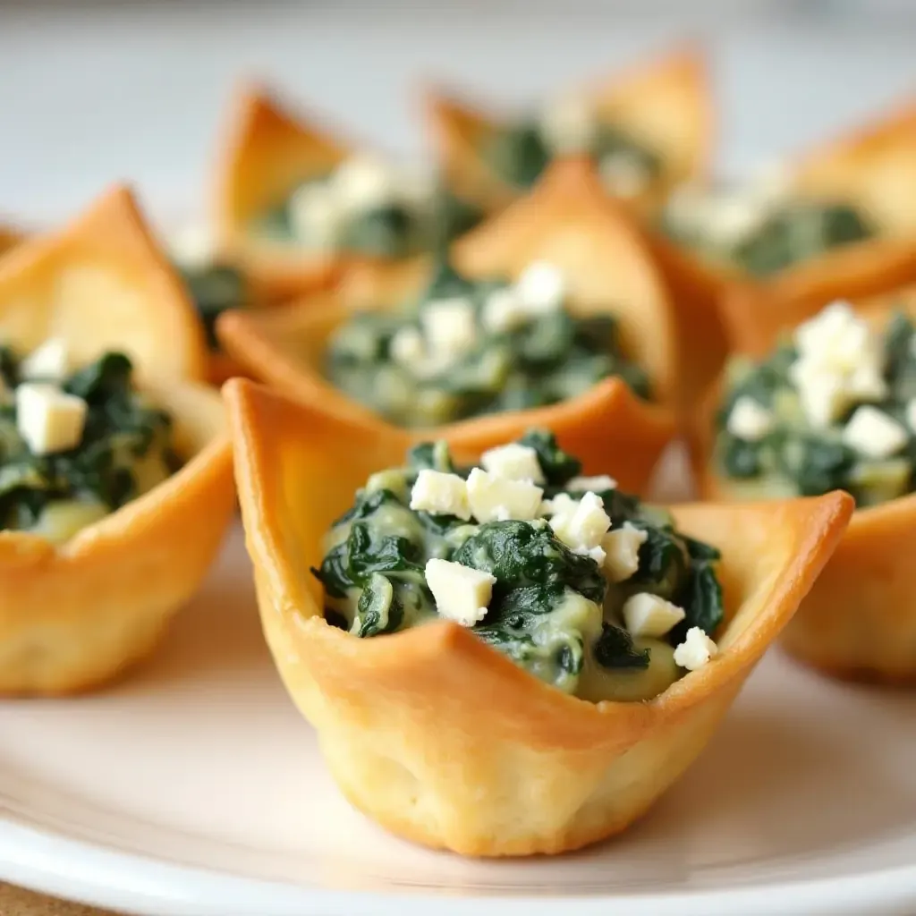 a photo of phyllo dough tartlets filled with creamy spinach and feta cheese.