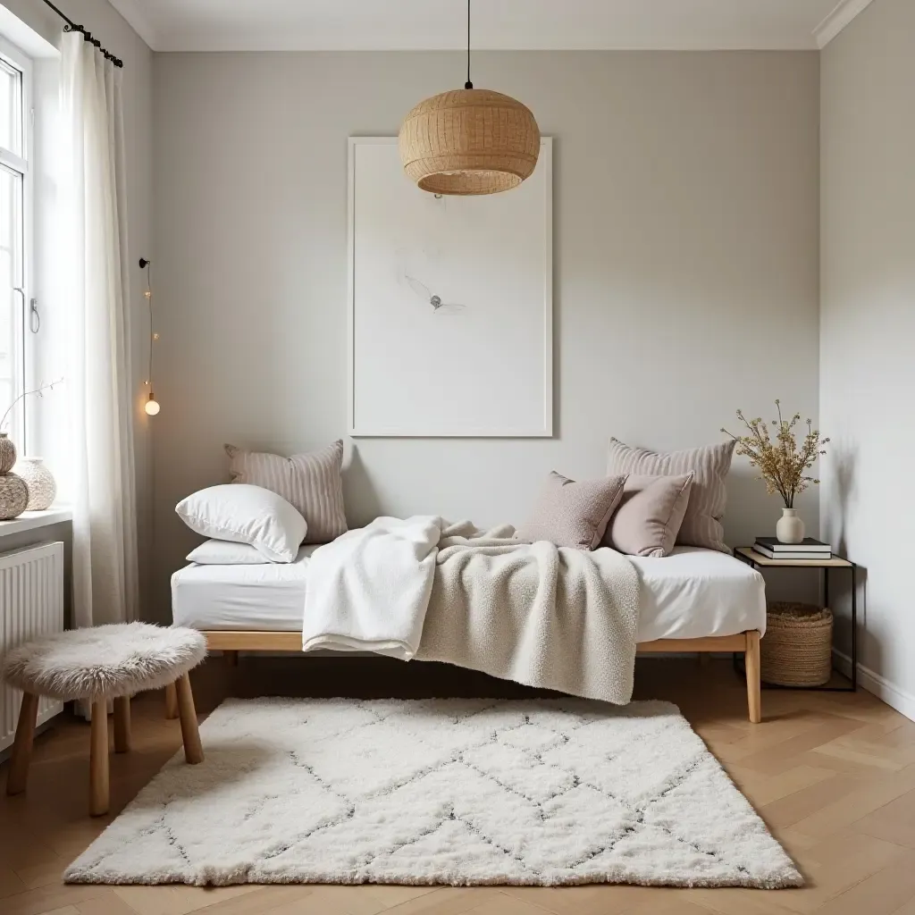 a photo of a stylish teen room with Scandinavian decor and a large, comfy rug