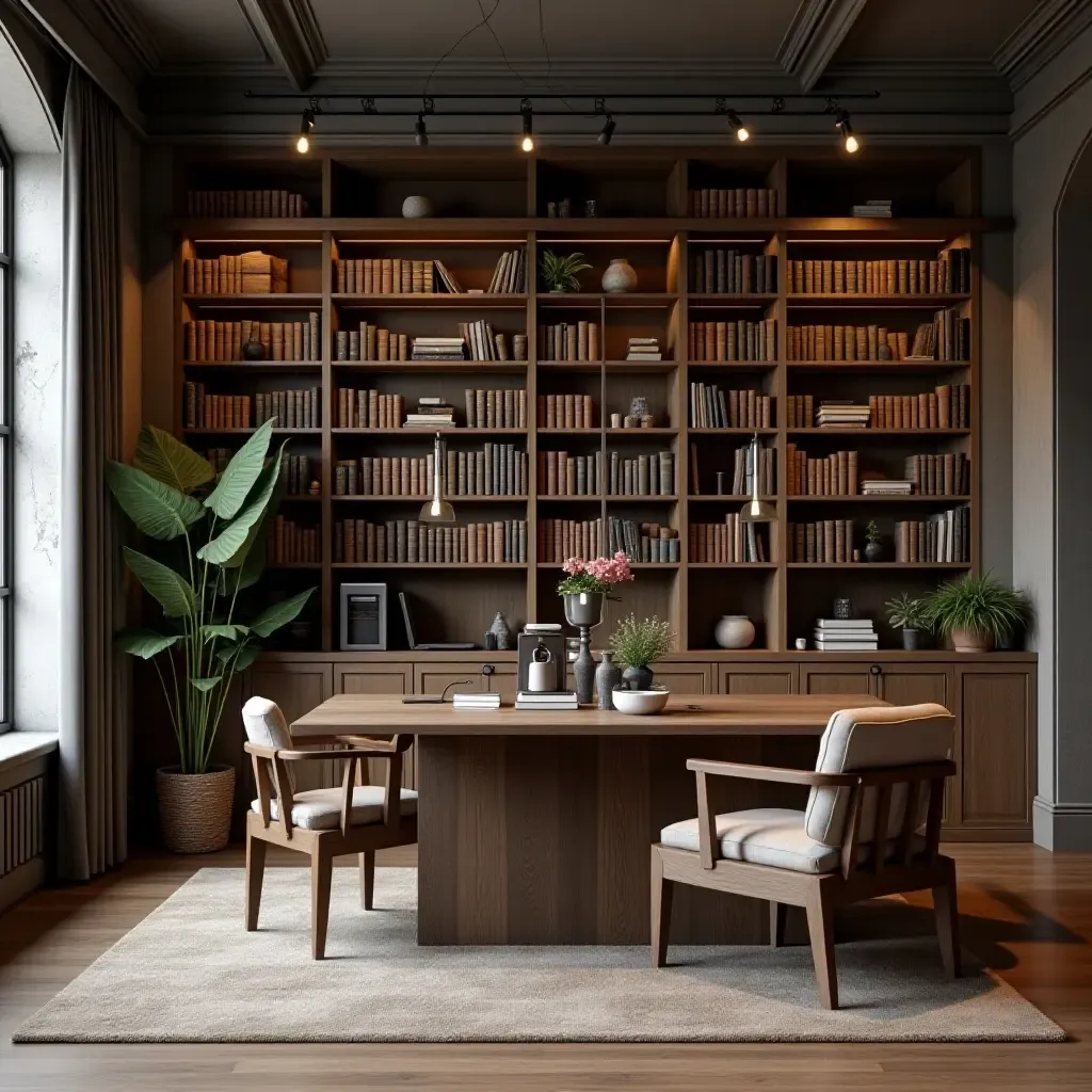 a photo of a library with a rustic coffee station and industrial decor