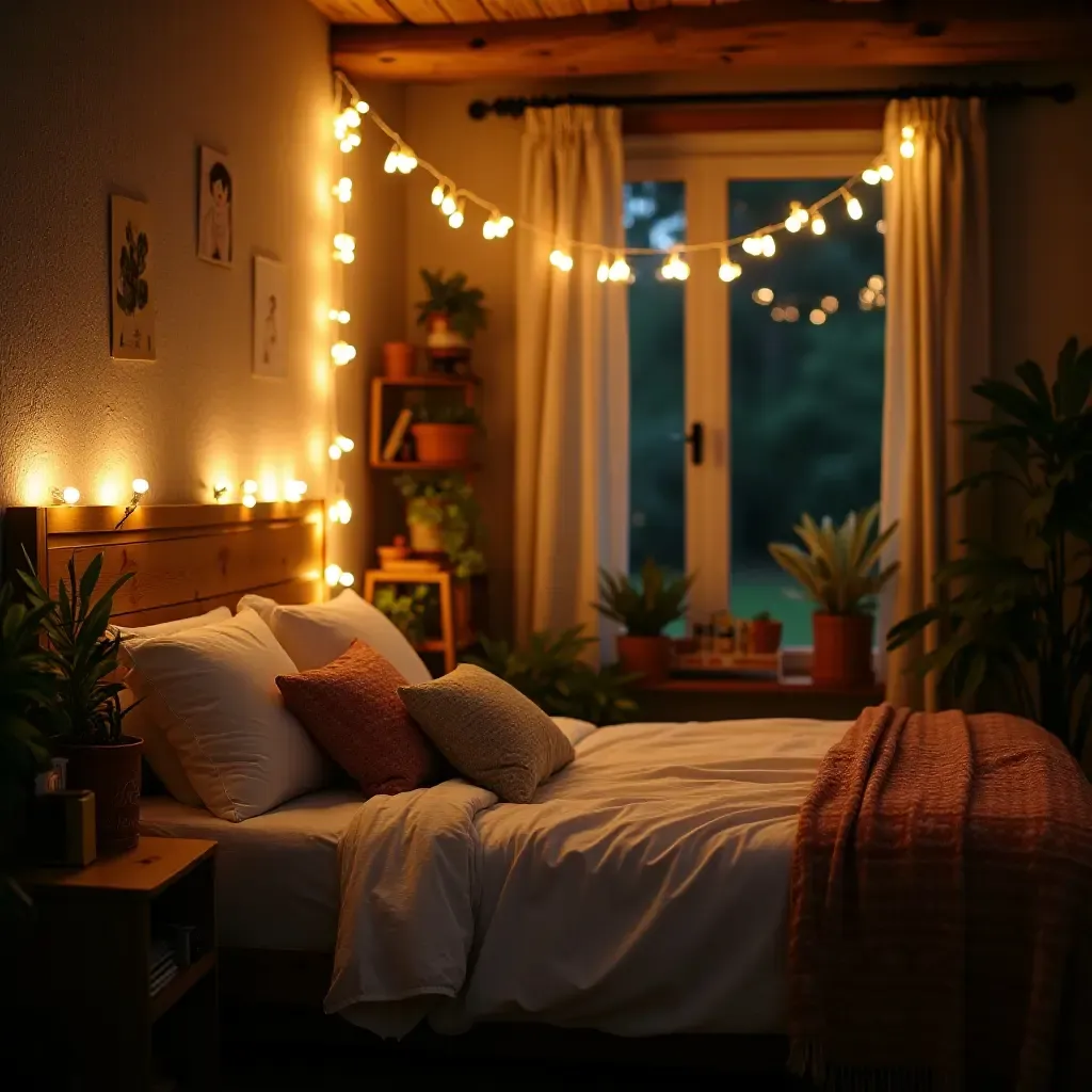 a photo of a whimsical bedroom with fairy lights wrapped around plants