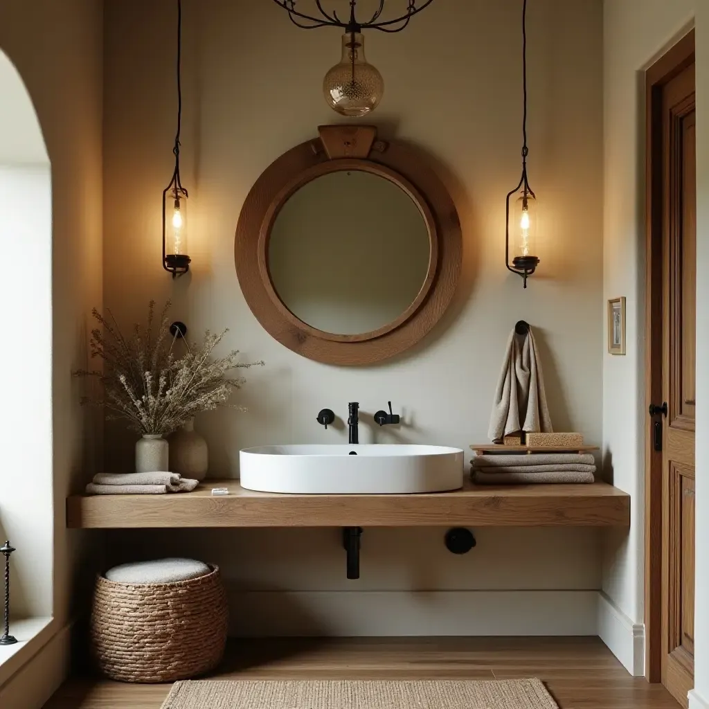 a photo of a rustic bathroom with a unique sink and charming decor