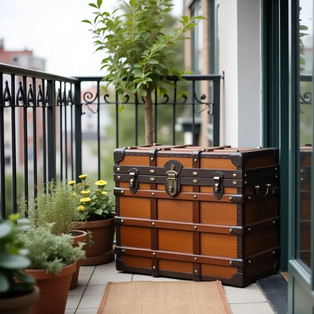 a photo of a balcony with a vintage trunk used for stylish storage