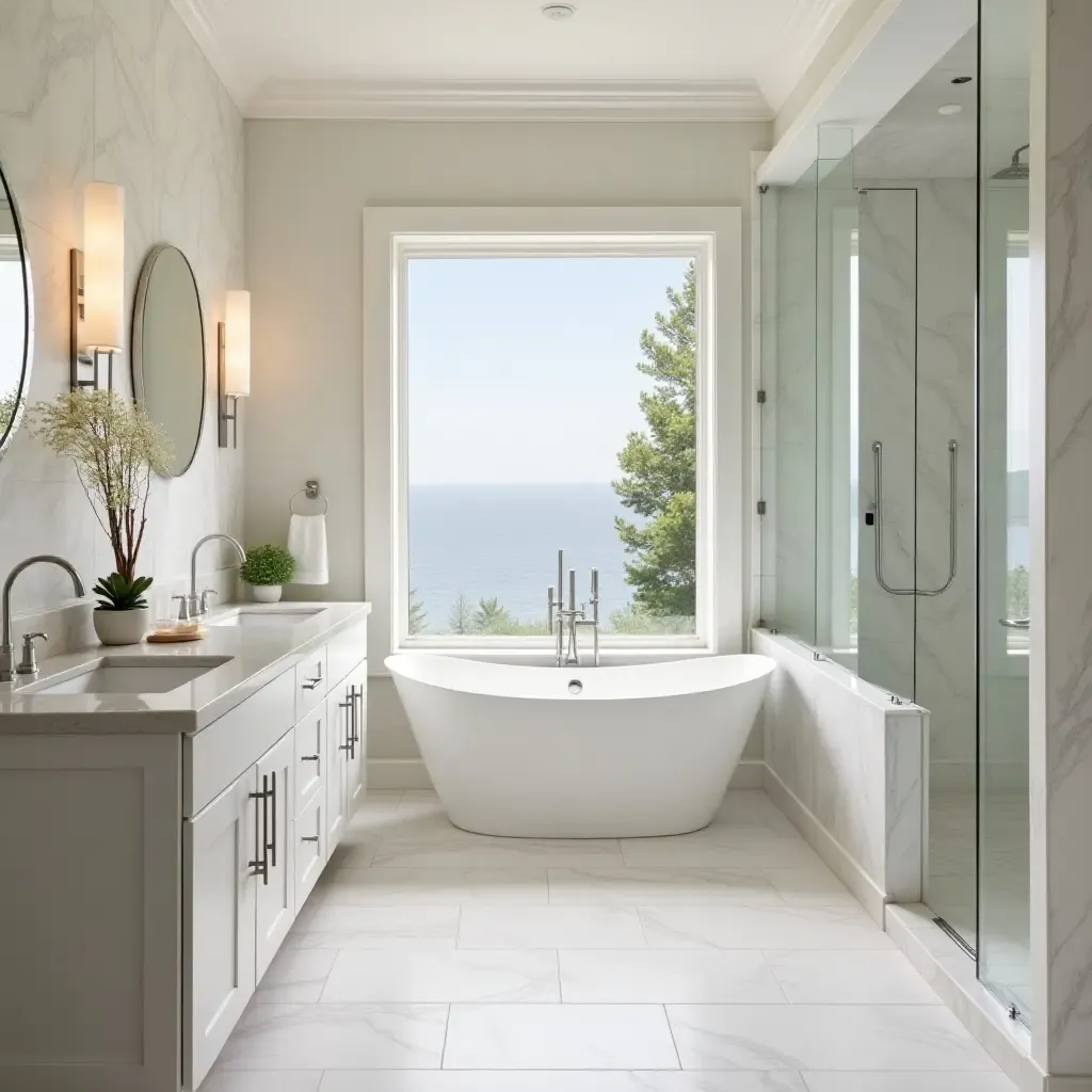 a photo of a spacious bathroom featuring a freestanding tub and dual sinks