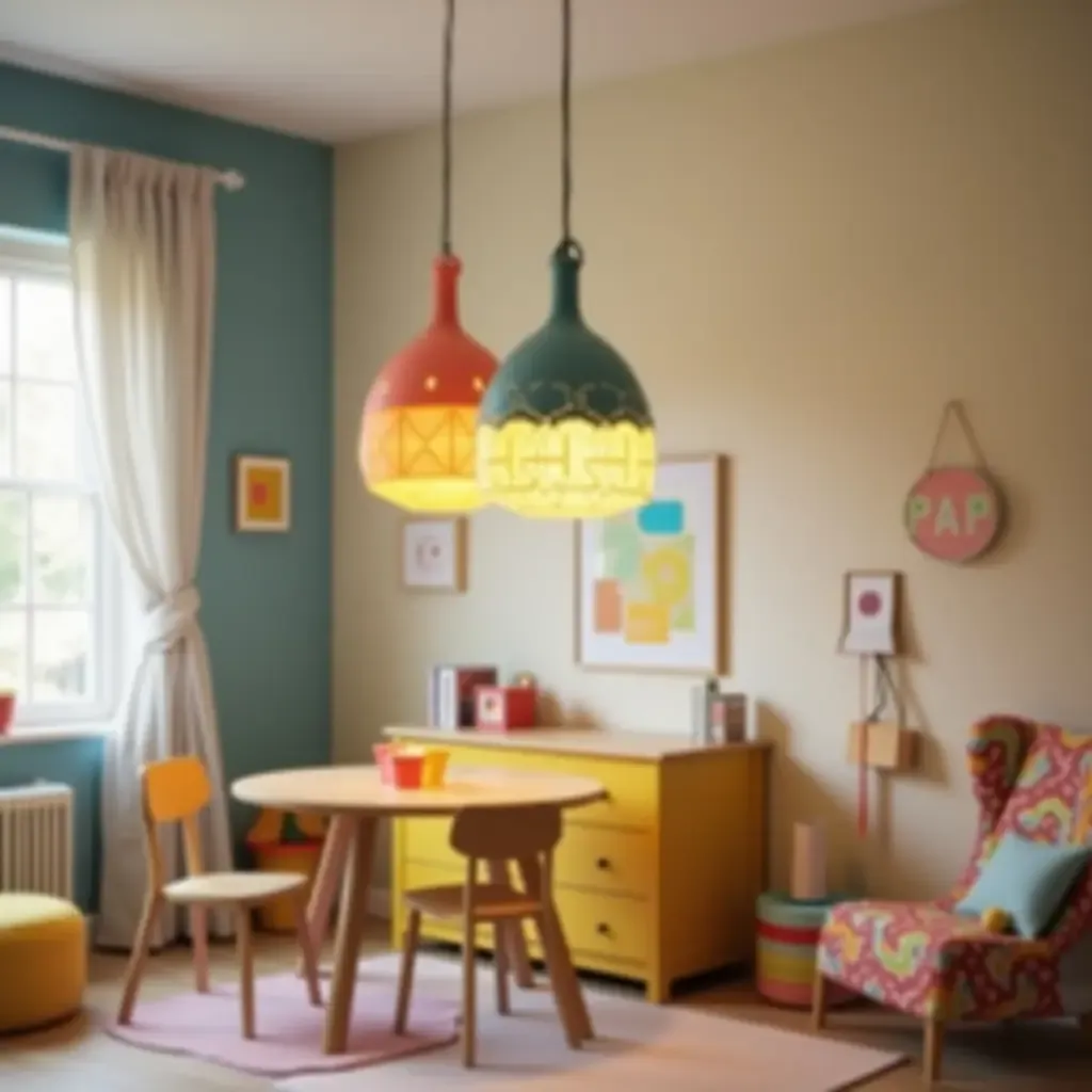 a photo of a colorful pendant light in a playful kids&#x27; room