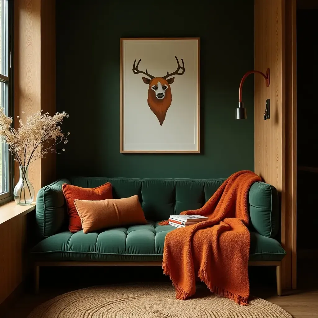 a photo of a cozy reading nook featuring dark green cushions and burnt orange throws