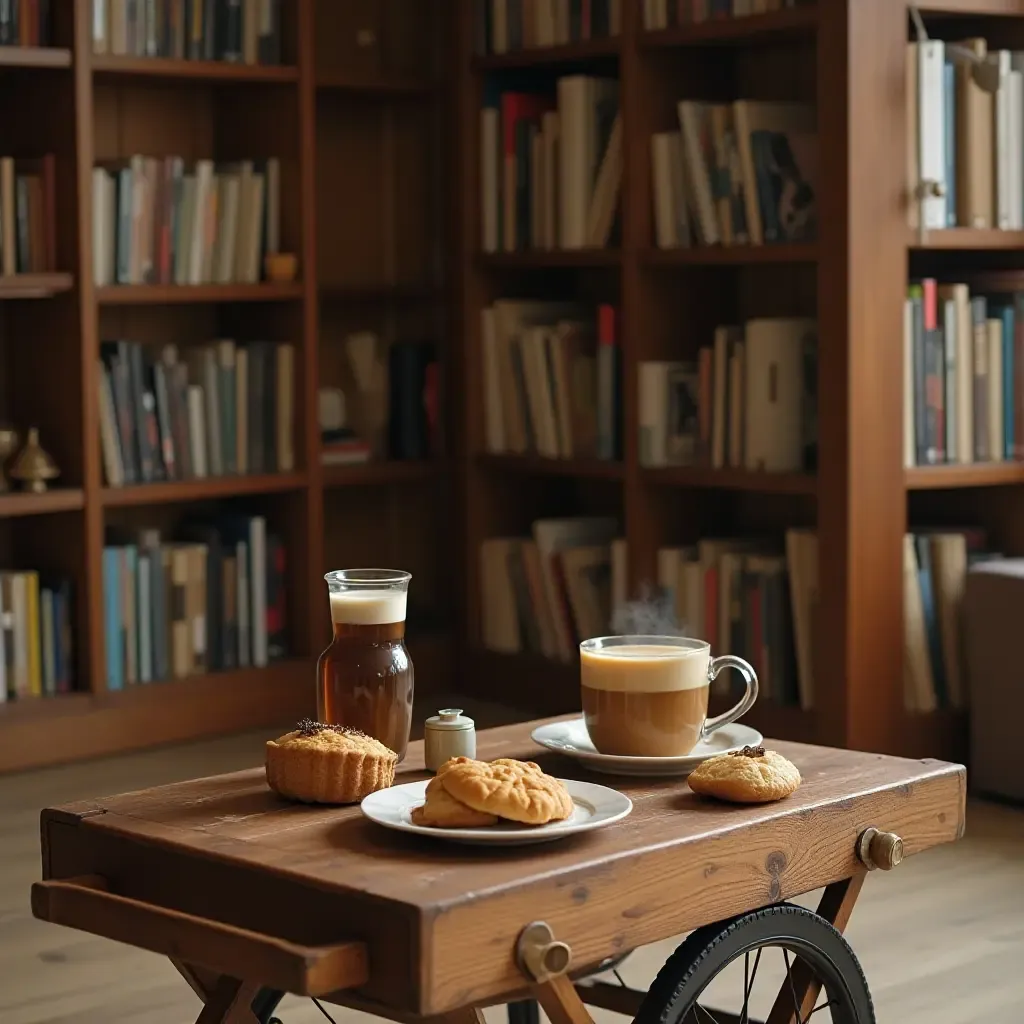 a photo of a library with a wooden coffee cart and snacks