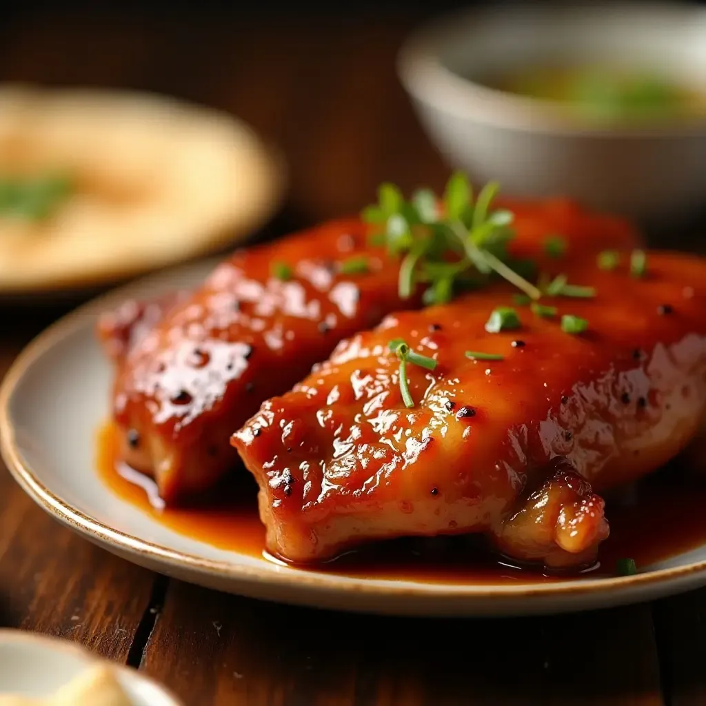 a photo of crispy Peking duck with golden skin and pancakes.