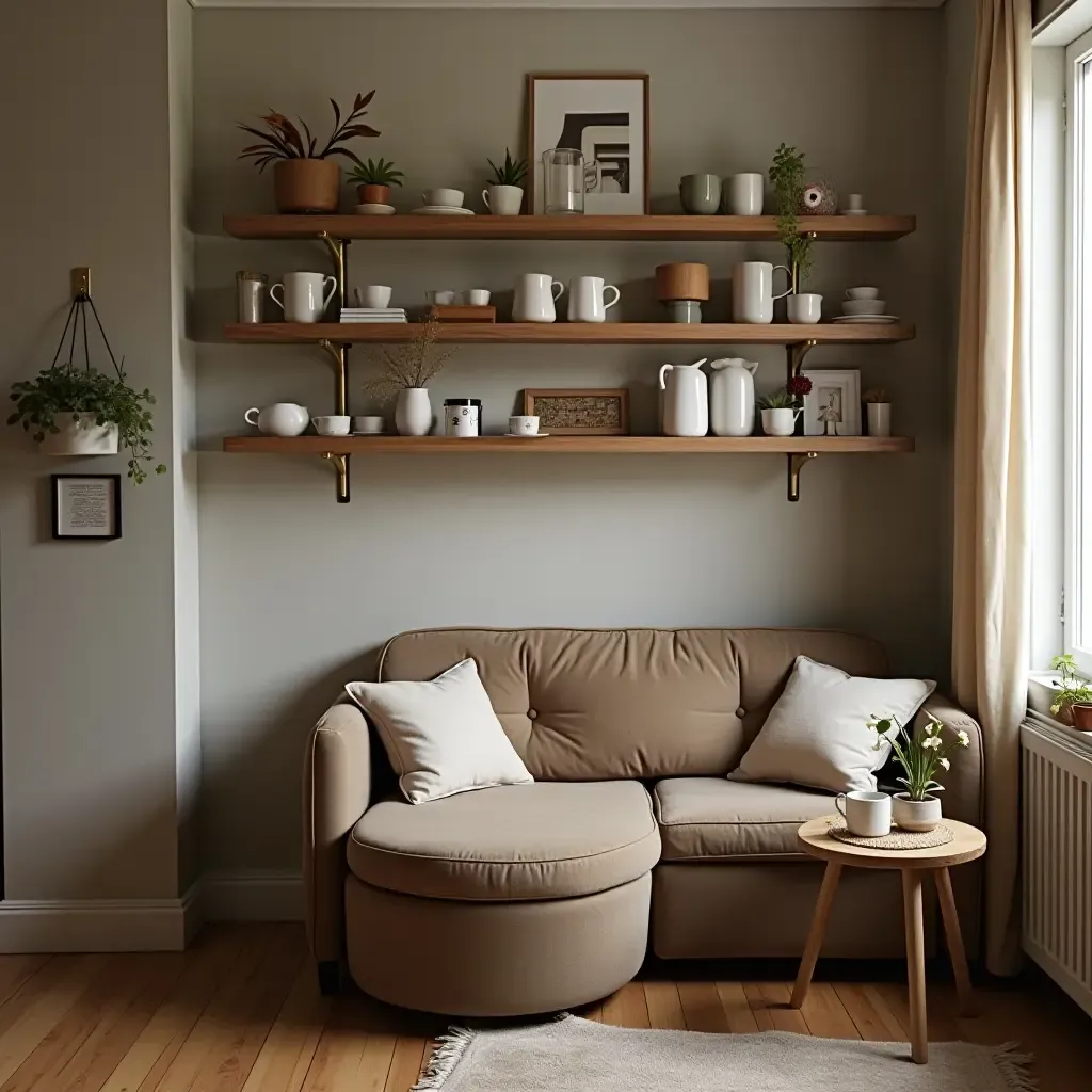 a photo of a chic coffee nook with open shelves filled with mugs and coffee accessories