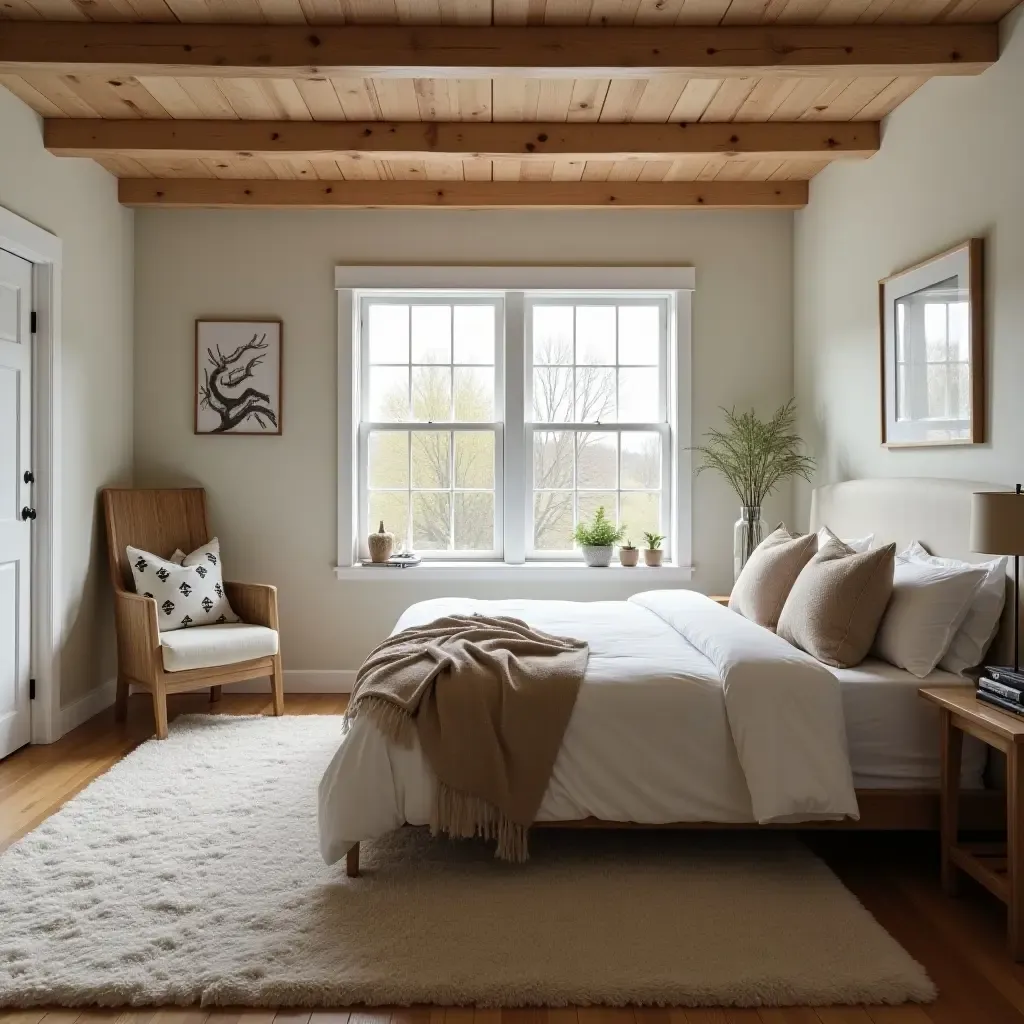 a photo of a cozy farmhouse bedroom with a plush rug and warm lighting