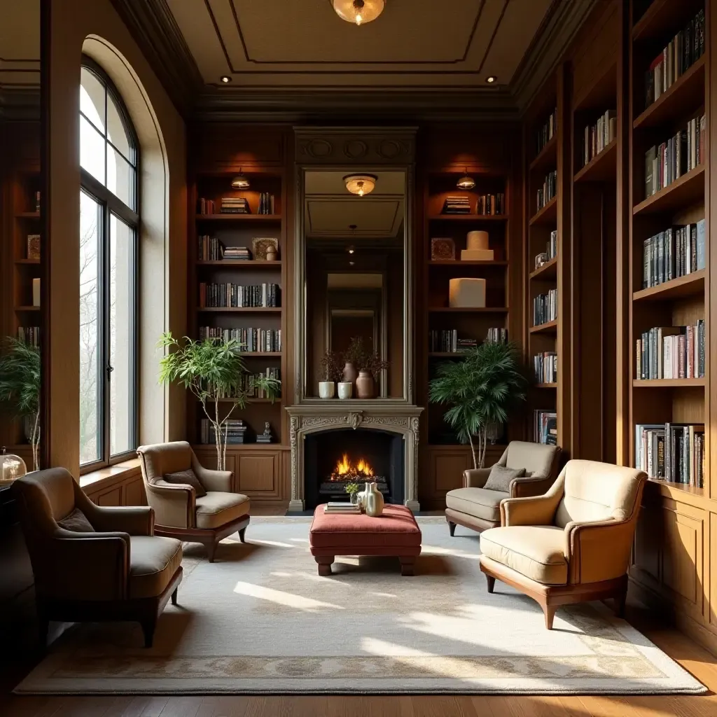 a photo of a cozy library with large mirrors reflecting natural light